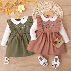 100% COTTON BABY GIRL DOLL COLLAR LONG-SLEEVE EMBROIDERED RUFFLE FAUX-TWO DRESS